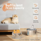74oz Cat Water Fountain Stainless Steel for Drinking(6 Filters 3 Sponges) | 2.2L Pet Water Fountain for Cats Inside, Automatic Cat Water Dispenser Bowl, with Faucet Water Level Window, Ultra Quiet Pump