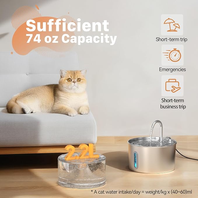 74oz Cat Water Fountain Stainless Steel for Drinking(6 Filters 3 Sponges) | 2.2L Pet Water Fountain for Cats Inside, Automatic Cat Water Dispenser Bowl, with Faucet Water Level Window, Ultra Quiet Pump