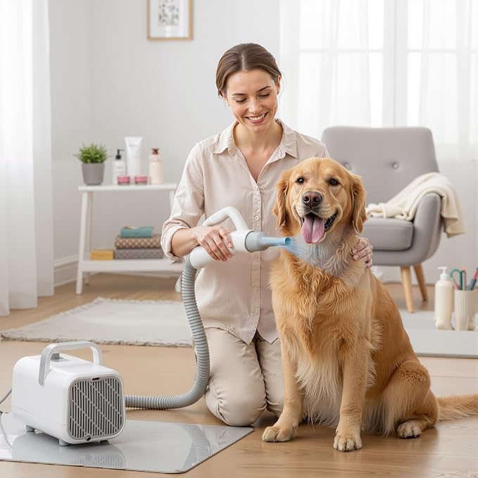 NEWBULIG Dog Hair Dryer with Heater for Grooming, White | 1550W High Velocity Speed Temperature Adjustable Pet Blow Dryer with 4 Nozzles