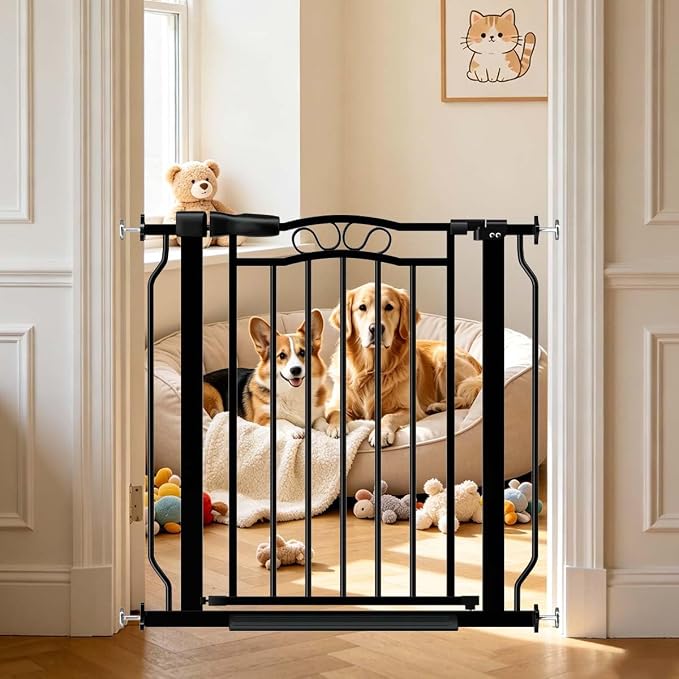 Fairy Baby 29.5"-33.5" Baby Gate for Doorways, Dog Gate for Stairs No Drill, Pressure Mounted Safety Pet Barrier with Arch Design, Auto Close Tension Metal Baby Gate with Door Indoor Outdoor, Black