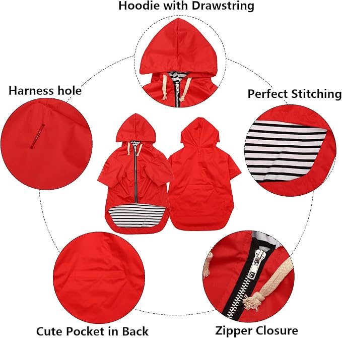Dog Raincoat rain Jacket Raincoat Dogs Waterproof Small Medium Breeds Zip Closure Storage Pocket Harness Hole Red S