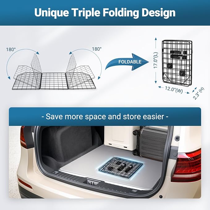 rabbitgoo Dog Car Barrier for SUV, Heavy-Duty Steel Wire Pet Gate, Foldable | Adjustable Universal-Fit Divider, Triple Folding for Cargo Area Vehicles Trucks Safety Travel