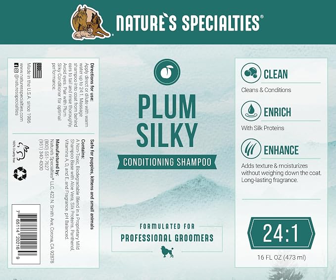 Nature's Specialties Plum Silky Ultra Concentrated Dog Shampoo Conditioner, Makes up to 3 Gallons, Natural Choice for Professional Pet Groomers, Silk Proteins, Made in USA, 16oz