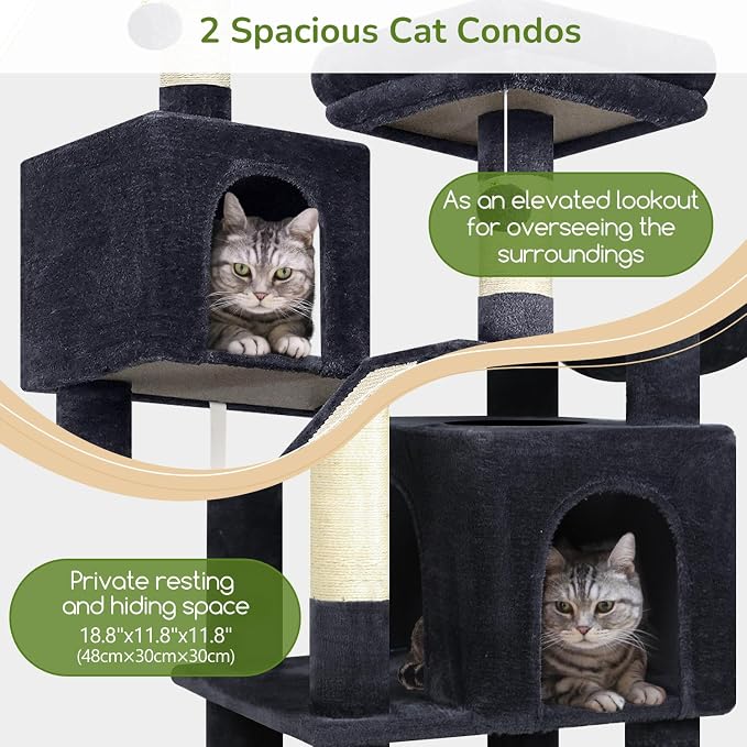 Globlazer F74D Cat Tree for Large Cats 20+ lbs, 74in Tall Tower, Dark Grey | Easy Assembly, Maine Coon, Large Cats, 2 Condos, Steel-Rim Basket Bowl, Plush Bed, 2 Perches, Sisal Posts, Anti-Topple Strap