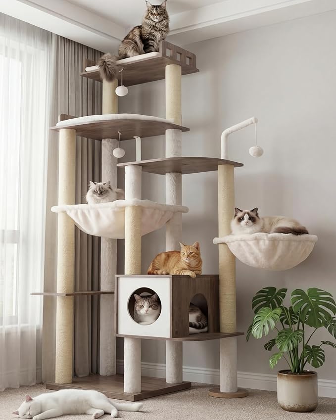 Heybly Cat Tree, 70.5" Wood Tall Cat Tower for Large Indoor Cats HCT121SG | Modern Cat Furniture with Extra Stable Structure, All-Sisal Scratching Posts, Cat Condo & Hammocks, Smoky Gray