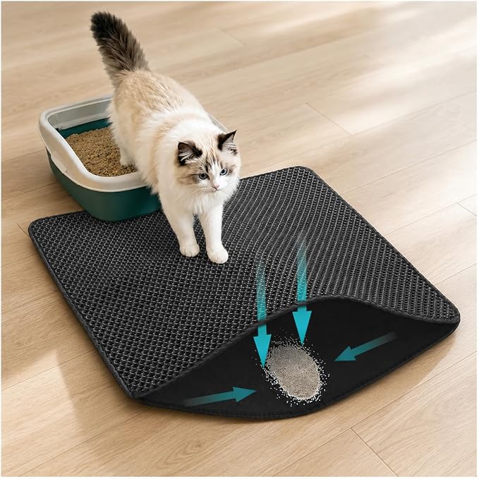 Cat Litter Mat for Indoor Cats Eva Double-Layer Litter Box Mat Washable for Easy Cleaning Cat Rug Collects Litter and Prevents Liquid Leakage (Black, 23.6×30inch)