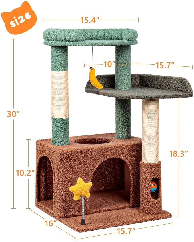 Small Cat Tree, Compact 30" Cat Tower for Indoor Kittens | Plush Finish, Cozy Condo, Soft Top Perch, Sisal Scratching Post, Dangling Ball Toy, Anti-Tip Base, for Cats up to 15 lbs