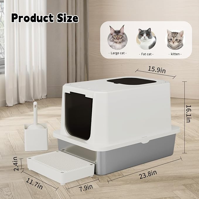 RIZZARI Stainless Steel Cat Litter Box: Dual Access, Hidden Pan, Easy Clean | Dual Front-Top Entry / Stainless Anti-Odor / Litter-Catch Pedal / Splash Guard Shield / Tool-Free Assembly / Compact Corner