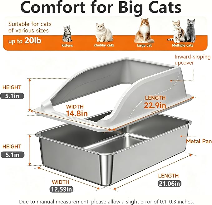 Stainless Steel Cat Litter Box, Extra Large XL Odor Free Metal Litter Box with High Sides Lid, Open Top Litter Pan Include Scoop Easy Cleaning Kitty Cat Box Anti-Urine Leakage, Non-Sticky