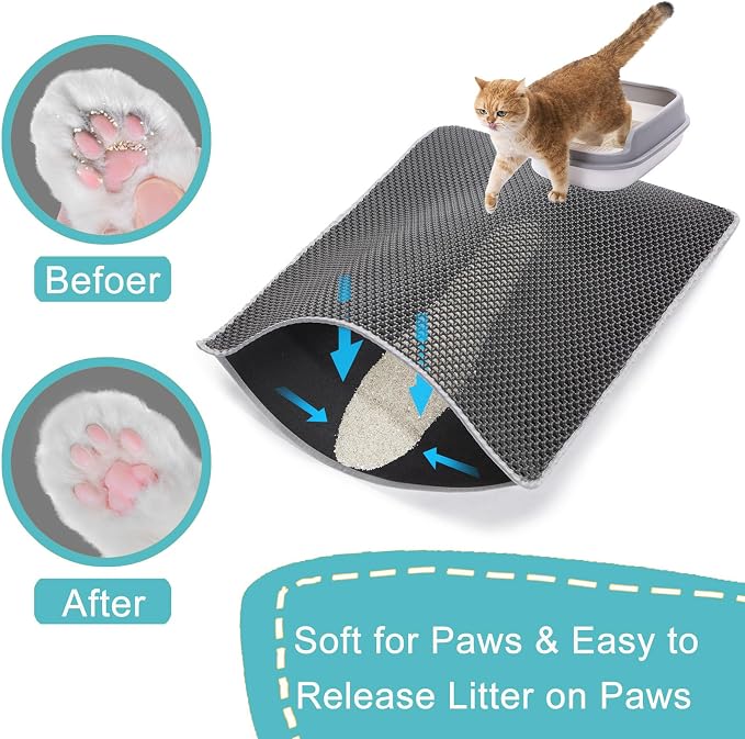 Cat Litter Mat Large 35x25in, Kitty Litter Box Mats Larger for Scatter-Free | 2-Layer Honeycomb Effective Litter Trapping Mat to Less Mess, Waterproof Cat Mat, Easy Lift & Dump to Clean,Mengbu(Gray)