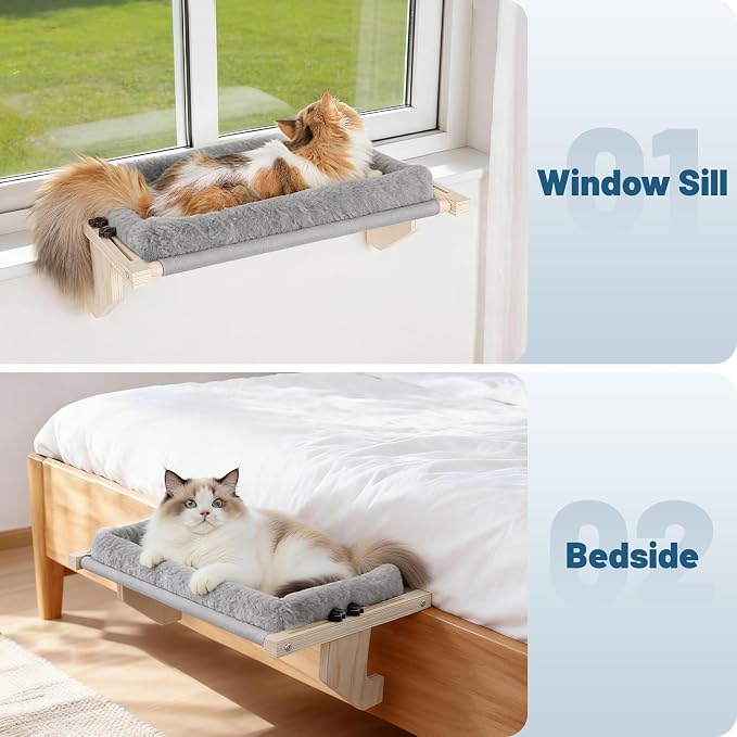 Cat Sill Window Perch - 100% Natural Pine Frame, Soft Plush Fleece, Tool-Free Adjustment, Supports 50 lbs (Large-Grey)