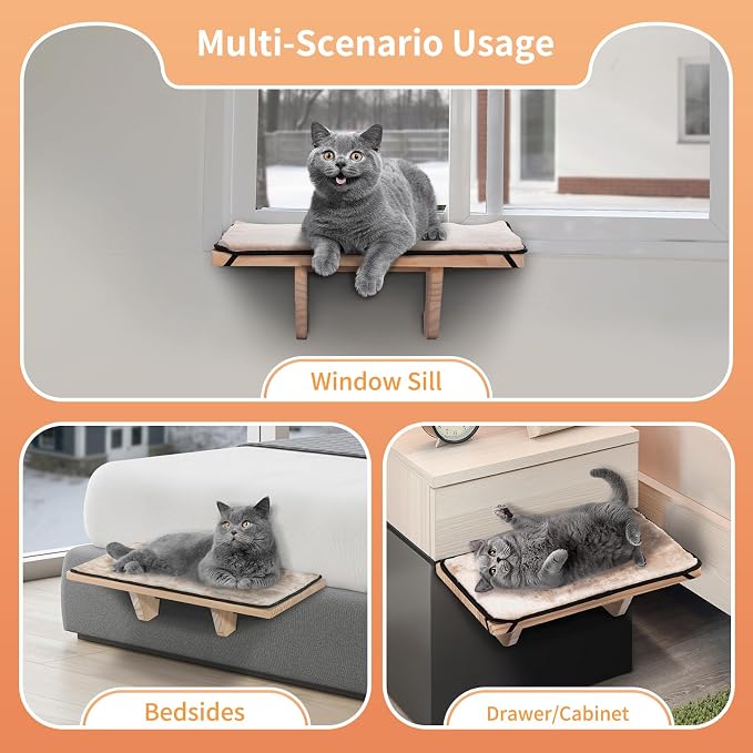 PETSFIT Cat Window Perch, Solid Wood, Fleece Mat, Windowsill Bedside Drawer | Natural Wood Cat Hammock, Tool-Free Assembly, Fits Large Cats, Windowsill Bedside Drawer Use, Washable Cushion Included