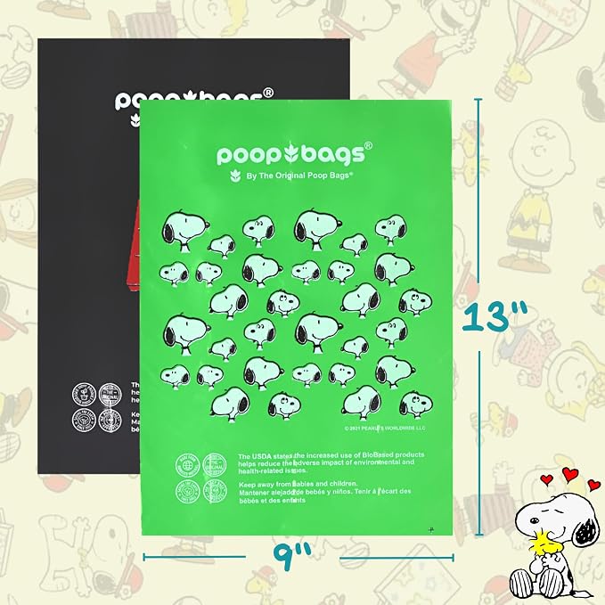The Original Poop Bags® 38% USDA Biobased Pet Waste Bags, Peanuts Design, Leak-Resistant & Durable, Black/Green, 360 Count