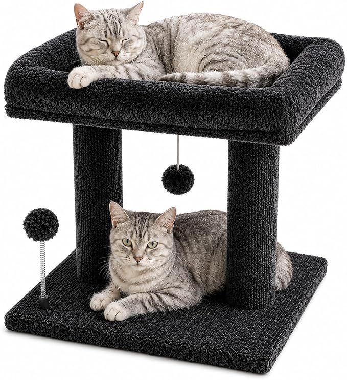 Small Cat Tree with Large Top Perch for Indoor Cats, Grey | Carpeted Scratching Post | Soft Plush Bed | Furniture Protecter | Small Cat Tower | Replacement Toy Balls | Space-Saving