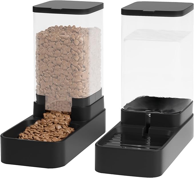 Automatic Cat Feeder and Water Dispenser in Set with Pet Food Bowl,Gravity Dog Waterer and Food Feeder for Small Medium Dog Cat Puppy Kitten Large Capacity(3.8L,Black)