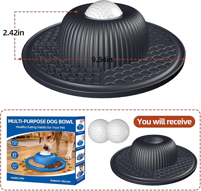 2-in-1 Dog Slow Feeder Bowl & Lick Mat with 2 Rotatable Balls, No-Slip Silicone Anxiety Relief Treat Mat for Dogs & Cats, Dishwasher Safe (Black)