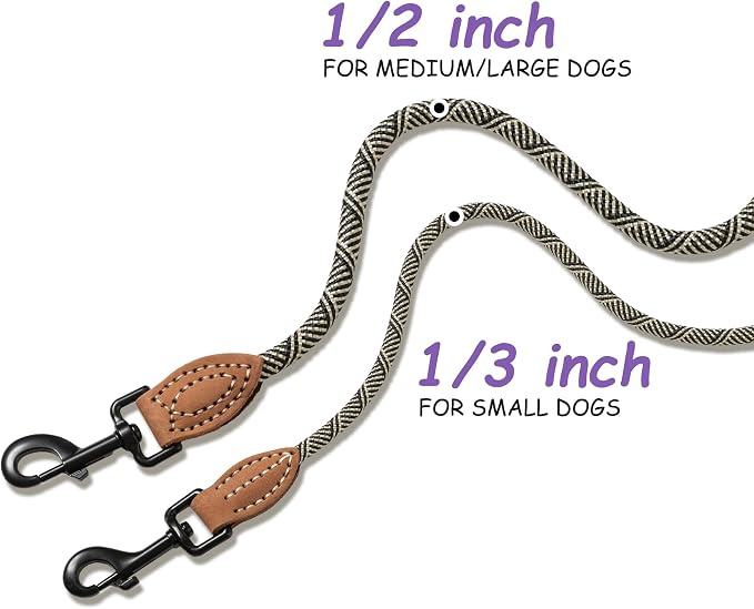 Mile High Life Thin Small Dog Leash with Genuine Leather Connection | Rope Leash, Heavy Duty 360° Swivel Metal Clasp, for Small Medium & Large Dogs (White Beige, 48 Inch)