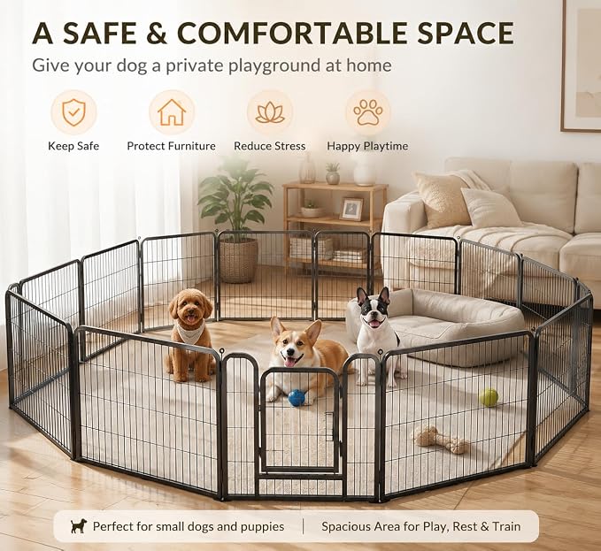 Metal Dog Playpen - 24" Height 16 Panels Foldable Exercise Pen for Dogs Indoor/Outdoor Pen with Door for Puppy Portable Pet Playpen Polygon Dog Enclosure (Black)