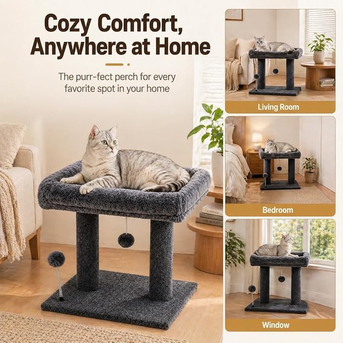 Small Cat Tree with Large Top Perch for Indoor Cats, Grey | Carpeted Scratching Post | Soft Plush Bed | Furniture Protecter | Small Cat Tower | Replacement Toy Balls | Space-Saving