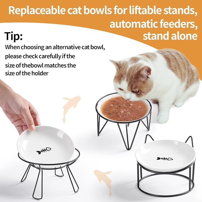 5.9 inch Ceramic Cat Bowls,Wide Shallow Dishes,Whisker-Friendly Plates,Food and Water Bowl for Indoor Cats,-10 oz,3 Pack