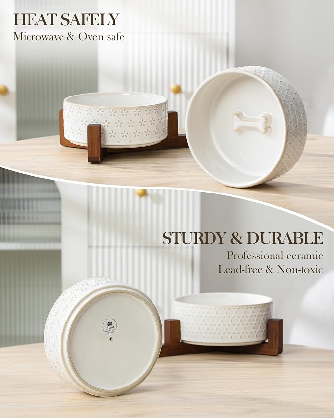 MALACASA Dog Bowl Set, Ceramic Bowls with Walnut Wood Stand, 3.5 Cups | Five-leaf grass and honeycomb design, non-slip base, for cats and dogs, about 26% heavier than similar ceramic bowls