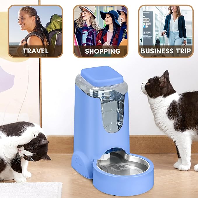 HWONMTE Portable Automatic Cat Feeder and Water Dispenser with Stainless Steel Bowl Dog Gravity Food Feeder and Waterer for Small Medium Pets Puppy Kitten 1 Gallon x 2 (Sapphire Blue)