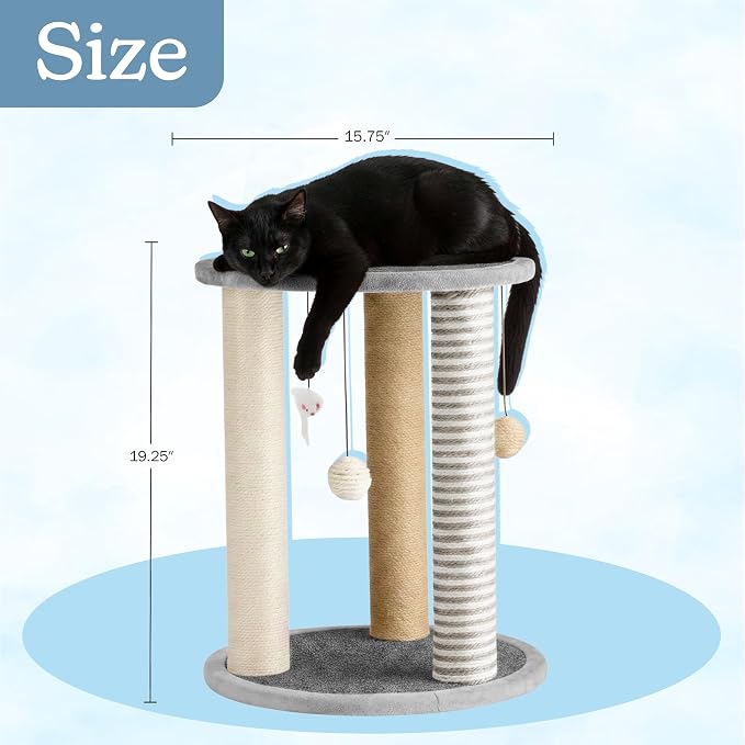 Cat Scratching Post - 3 Scratcher Posts with Carpeted Scratch Pad Base and Perch - Furniture Scratching Deterrent for Indoor Cats by PETMAKER (Gray)