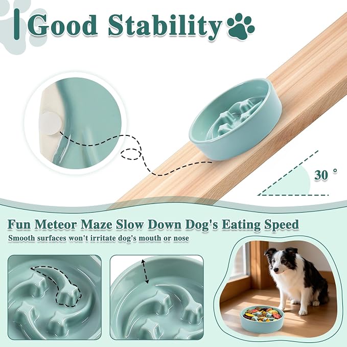 Ceramic Slow Feeder Dog Bowls, 0.6 Cups Dog Food Dish for Small Breed | Puzzle Dog Food Bowl for Fast Eater, 15OZ, 6.3 inch (Light Green)