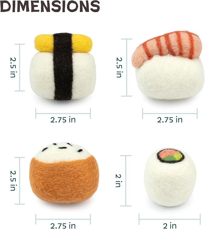 Woolbuddy Wool Cat Toys (Sushi 4 PCS) for Indoor Cats & Kittens Catnip-Free | 100% Pure Wool Felt Interactive Cat Toys, Catnip-Free for Bored Cats, Teething Kittens, Redirect Cat's Destructive Energy