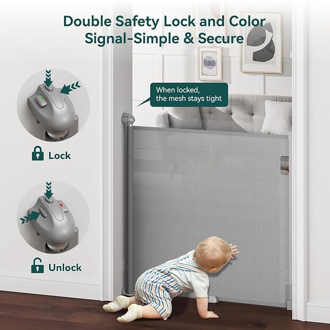 Babepai Retractable Baby Gates for Stairs, Retractable Dog Gate for Indoor/Outdoor Use | Child Gates for Doorways, Deck, Porch, Hallways, Patio (Grey, 55" Wide × 34" Height)