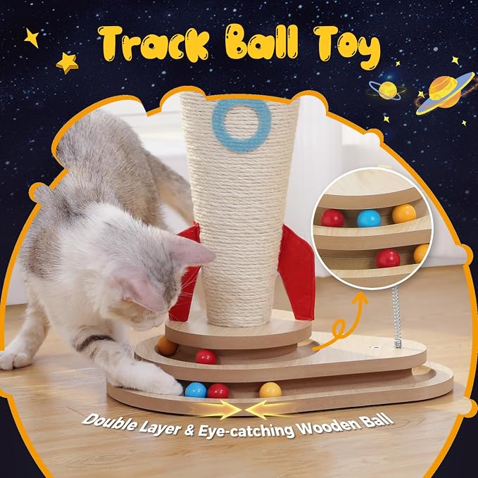 PETEPELA Cat Scratching Post, Rocket Sisal Cat Scratcher, 24.8'' Cute Scratching Post with 2-Layers Wooden Track Cat Toys & Spring Pompom for Indoor Cats Adults | Cute Scratching Post with 2-Layers Wooden Track Cat Toys & Spring Pompom for Indoor Cats ...