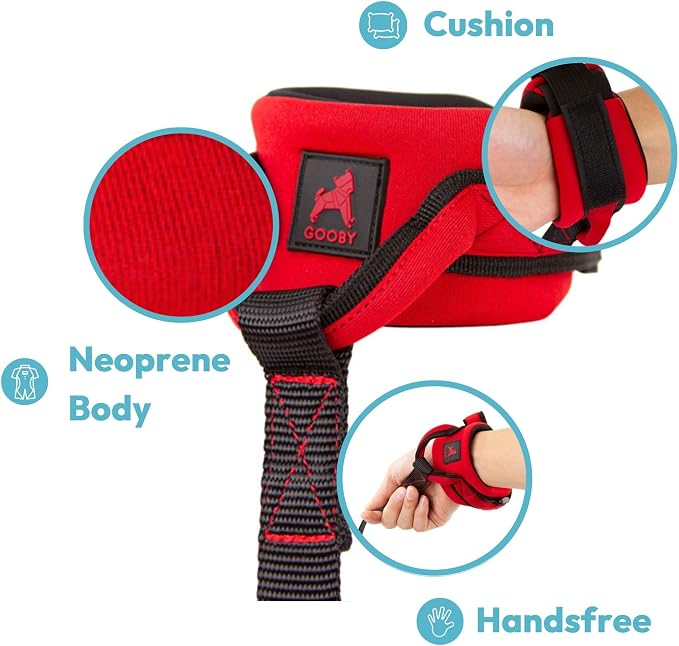 Gooby Neoprene Wrist Band Sport Leash - Red, 6 FT - Comfortable Hands Free Leash with Elastic Band for Small, Medium and Large Dogs