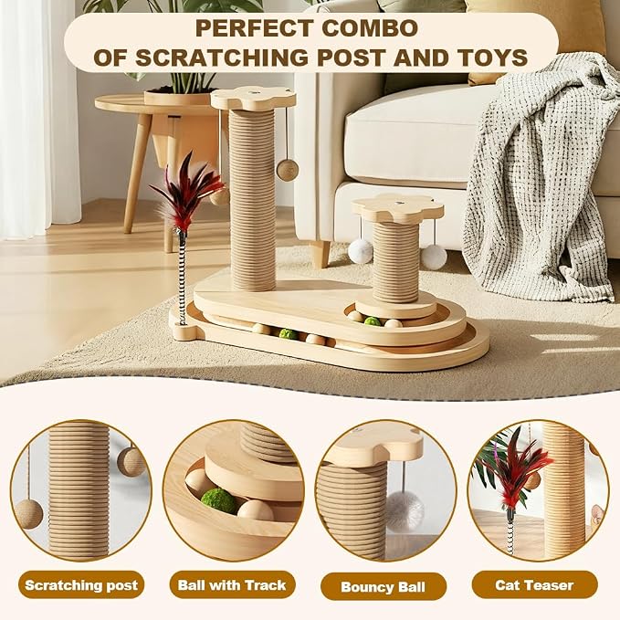 Cat Scratching Post, Sisal Cat Scratcher Post - 4-in-1 Cat Solid Wood Activity Center | Indoor Interactive Cat Toy with Trackball (Rolling), Feather Teaser, Hanging Balls & Natural Catnip Ball