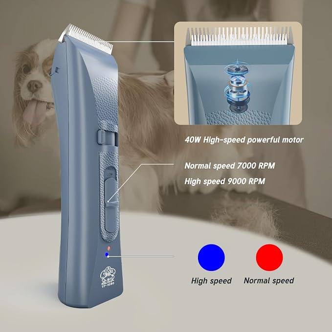 Tife Low Noise Dog Clipper – Cordless Pet Grooming Kit with Rechargeable Battery, Quiet Electric Hair Trimmer for Thick Coats, Adjustable Blade Pet Shaver for Dogs & Cats(Blue)