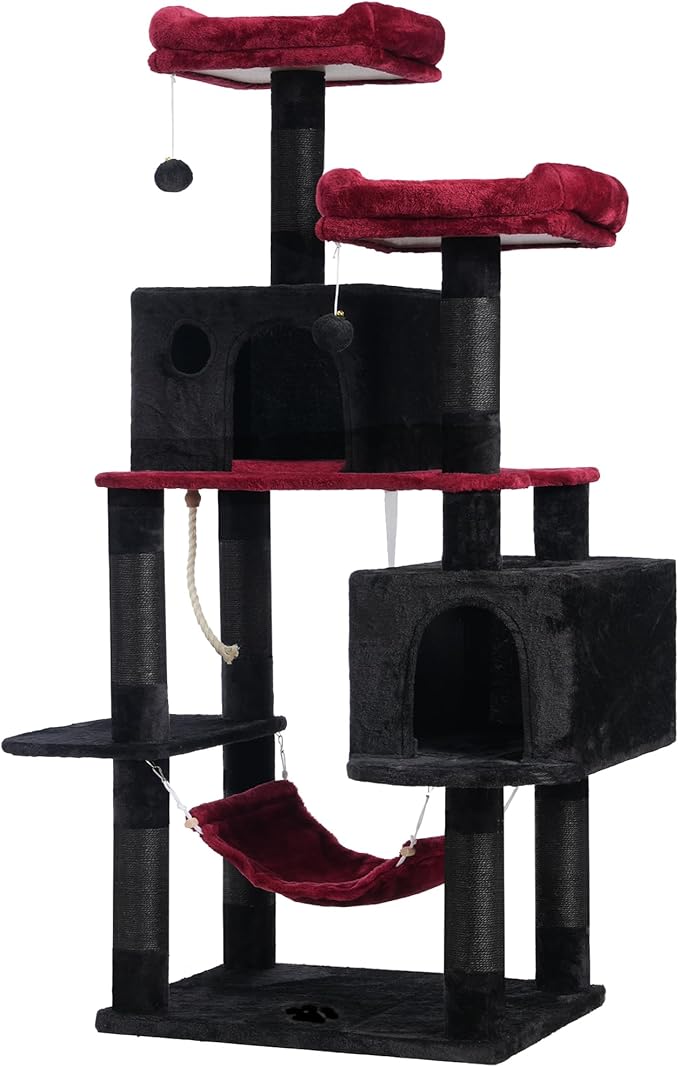 Hey-brother Cat Tree Tower with Sisal Scratching Posts, Big Condo, MPJ020BR | 53.7 Inches Multi-Level Cat House with 2 Bigger Plush Condos, 2 Platforms, Hammock, Toy Balls for Indoor Cats, Black and Red