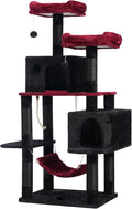 Hey-brother Cat Tree Tower with Sisal Scratching Posts, Big Condo, MPJ020BR | 53.7 Inches Multi-Level Cat House with 2 Bigger Plush Condos, 2 Platforms, Hammock, Toy Balls for Indoor Cats, Black and Red