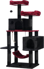 Hey-brother Cat Tree Tower with Sisal Scratching Posts, Big Condo, MPJ020BR | 53.7 Inches Multi-Level Cat House with 2 Bigger Plush Condos, 2 Platforms, Hammock, Toy Balls for Indoor Cats, Black and Red