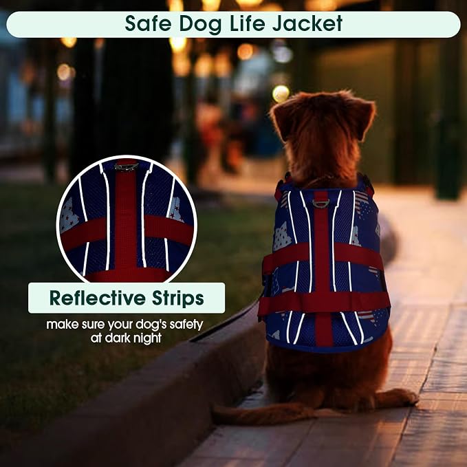 Kuoser Dog Life Jacket High Flotation, American Flag Dogs Life Vest for Swim Boating, Independence Day dog lifejacket with Reflective & Rescue Handle, Adjustable Doggy Life Preserver for Large Dogs, L
