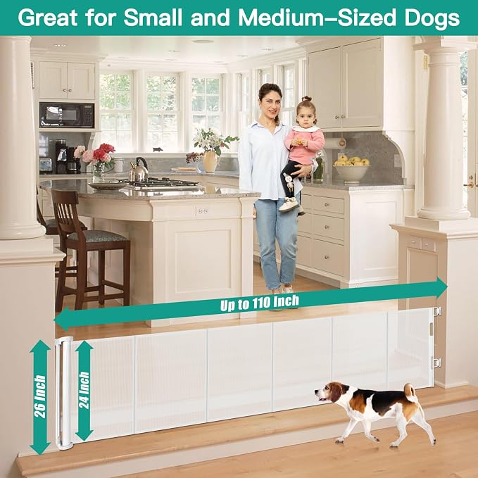24 Inch Tall x 110 Inch Extra Wide Retractable Dog Gate for The House, Short Baby Gate to Step Over, Reinforced Mesh Puppy Gate for Doorways, Step Over Pet Gate for Stairs, Indoor/Outdoor, White