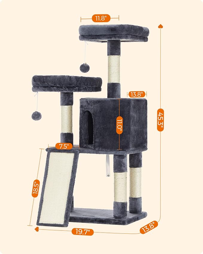 Feandrea Cat Tree, 45.3-Inch Cat Tower, Plush Condo Scratching Post, Gray | 45.3-Inch Cat Tower, Plush Condo with Scratching Post, Ramp, Perch, Spacious Cave, Smoky Gray