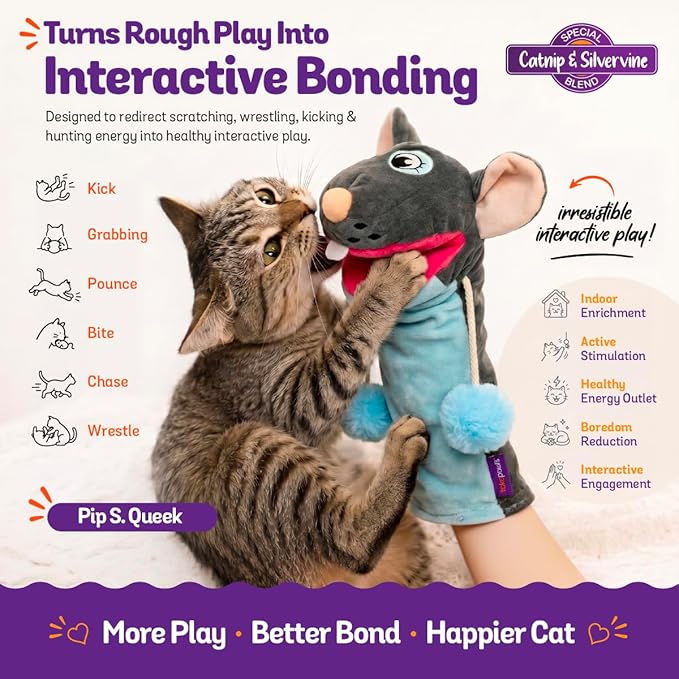 Pounce & Purr Meow Mitt Wearable Cat Wrestling Glove Puppet - Mouse | Catnip & Silvervine plush hand puppet, crinkle sounds & wiggling arms - dual-layer interactive toy, indoor cats & kitten