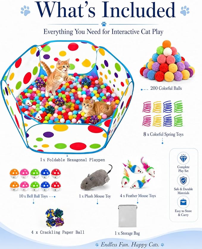 Cat Ball Pit with 227 Pcs Interactive Cat Toys, Enrichment Toys for Bored Indoor Cats Self Play, Include Pom Pom Balls Jingle and Crinkle Balls, Springs and Mice Toy for Kitten Fun and Exercise