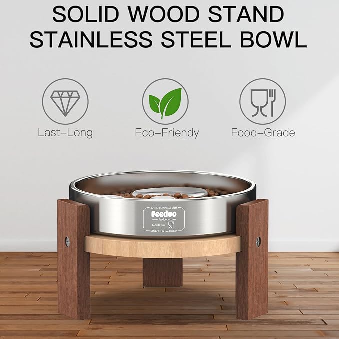 Elevated Dog Bowl Stand, 4'' Height Raised Stand for Small Dogs, Includes 1Cup Stainless Steel Slow Feeder Dog Bowl, Durable Solid Hardwood
