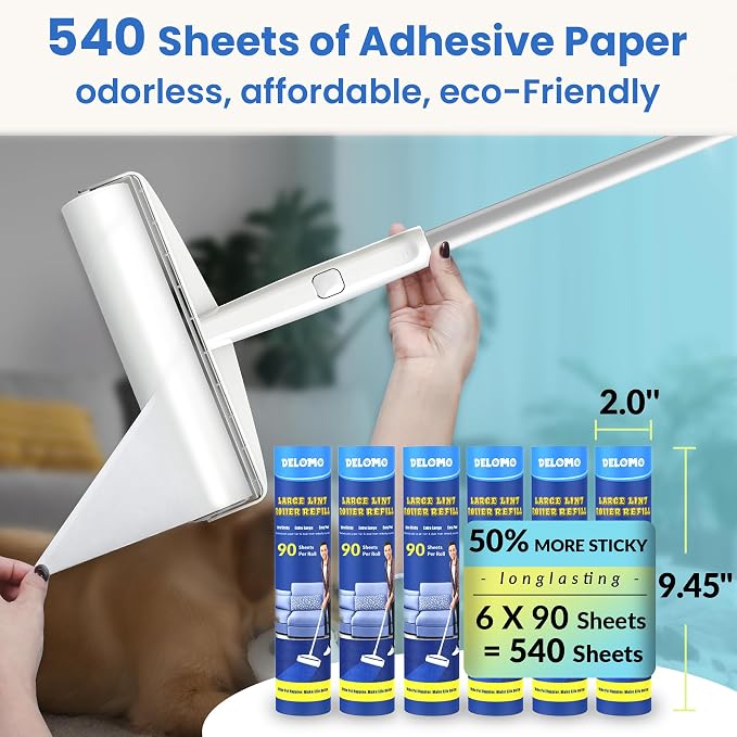 DELOMO 9.45” Large Lint Roller Refills, 6 Packs, 540 Extra Sticky Sheets | Sticky Roller Refills, Easy Tear Sheets, Compatible Only with DELOMO 9.45” Lint Roller, Floors, Carpets, Couches, Pet Hair