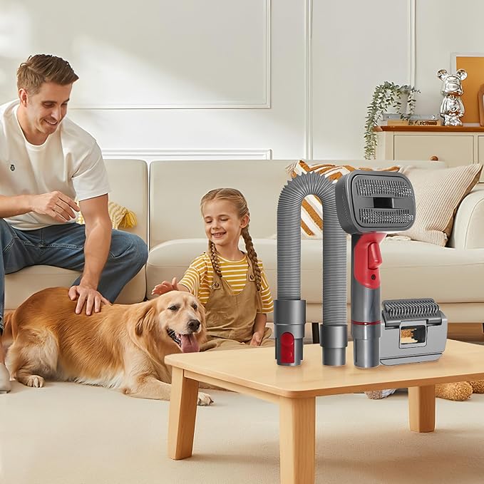 Pet Grooming Kit for Dyson V7 V8 V10 V11 V15, 2-in-1Head Brush | Vacuum-attached comb catches loose fur instantly. Dual heads suit long or short coats. Gentle tips massage skin while brushin