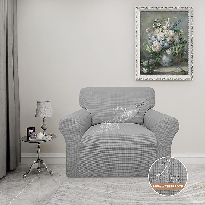Easy-Going 100% Waterproof Chair Couch Cover, Stretch Jacquard Sofa Cover | Dual Waterproof Sofa Slipcover, Leakproof Furniture Protector for Kids, Pets, Dog and Cat (Chair, Light Gray)