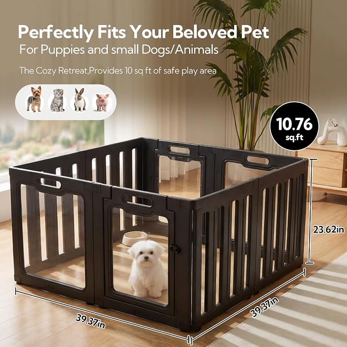 Soulbond Clear Acrylic Dog Playpen Indoor, 24 Inch, Black, 8 Panels | Non-Slip,Tool-Free Assembly, External Door Lock Play Pen for Puppies and Small Dogs