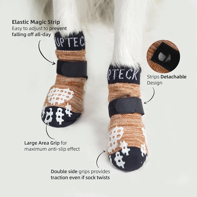 PUPTECK Anti-Slip Dog Socks with Double Sides Grips for Small Medium Large Dogs Hardwood Floors Prevents Licking, Dog Shoes for Hot Pavement Traction Control Paw Protector for Senior Dogs, Khaki L
