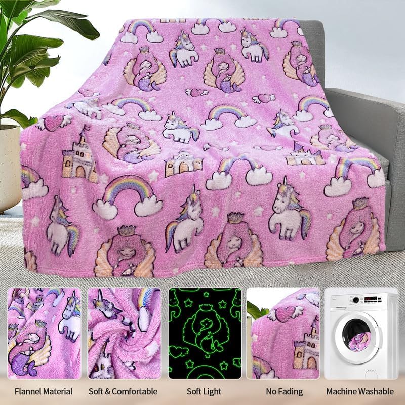 COMFAR Mermaid Blanket for Girls 4-6, Mermaid Gifts, Kids Blanket, 40"x 50", Pink, Glow in the Dark - Image 4