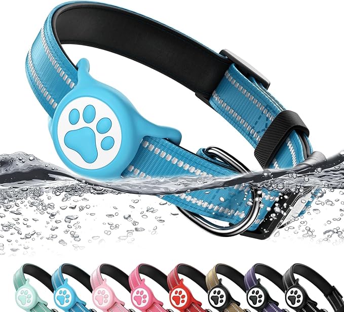Airtag Dog Collar, Reflective Ultra-Durable Nylon Padded with QR Code Buckle & IP68 Waterproof Air Tag Holder Compatible for Apple AirTag, Comfortable for Small Medium Large Dogs (Blue, XS)